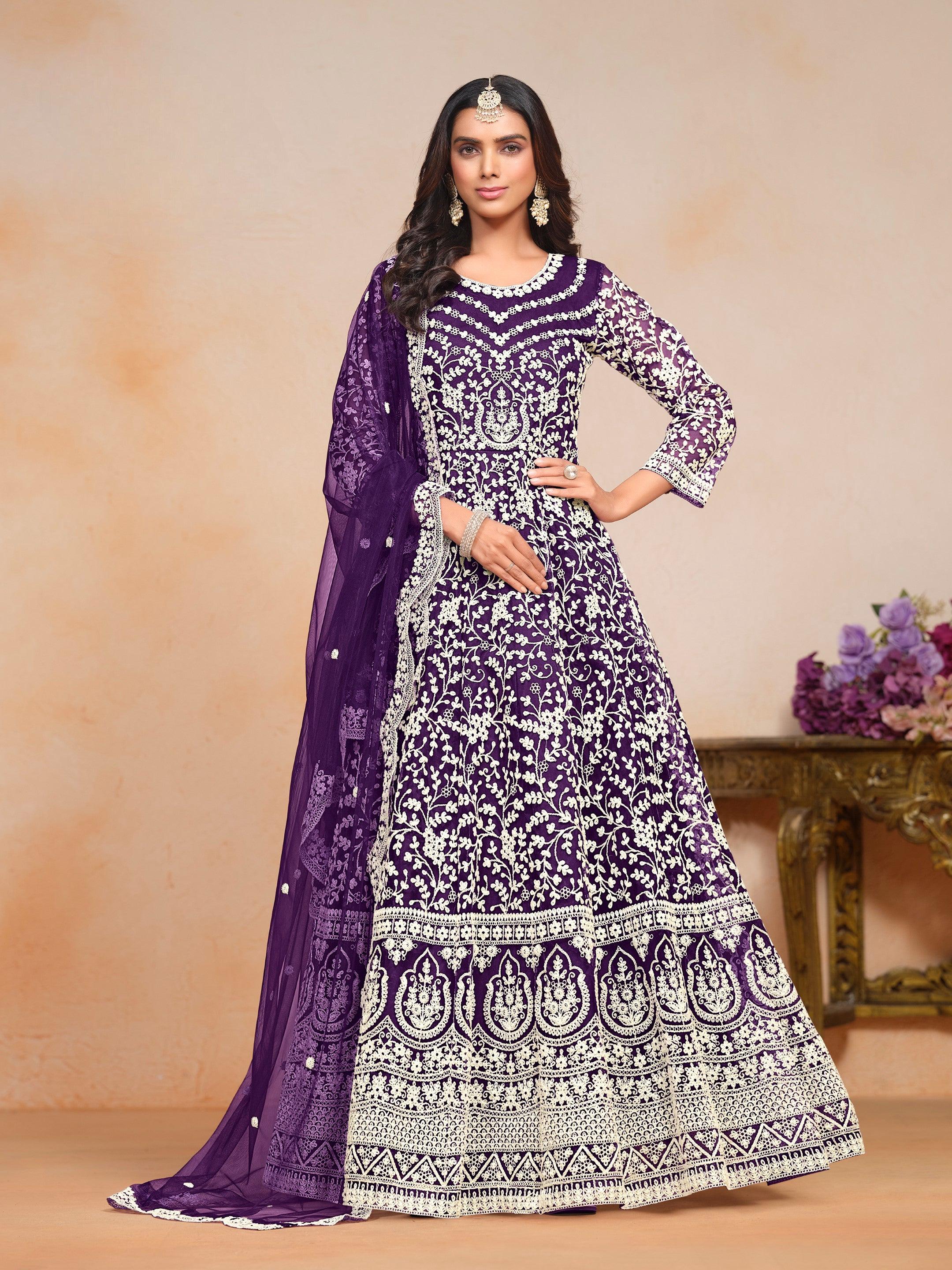 Anaita Purple Embroidered Net Anarkali Suit | Grocsy