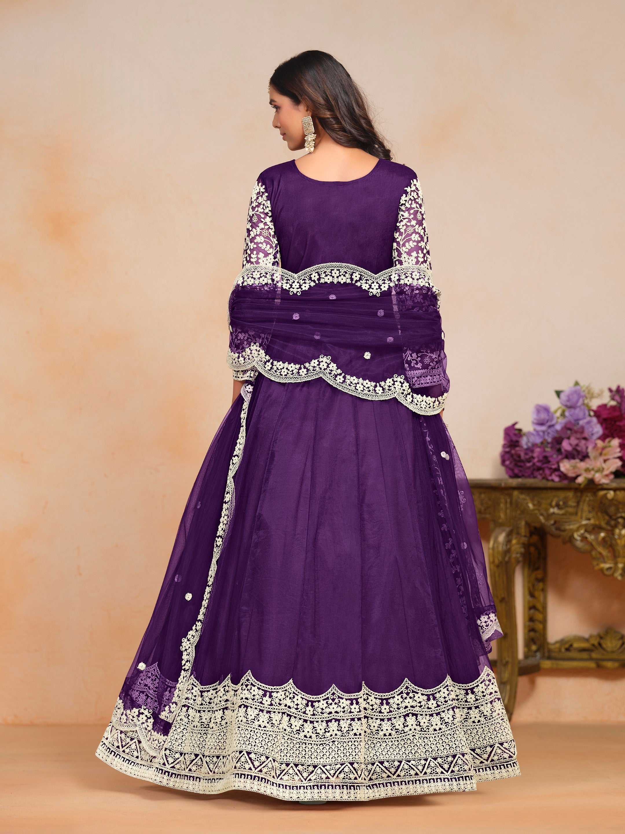 Anaita Purple Embroidered Net Anarkali Suit | Grocsy
