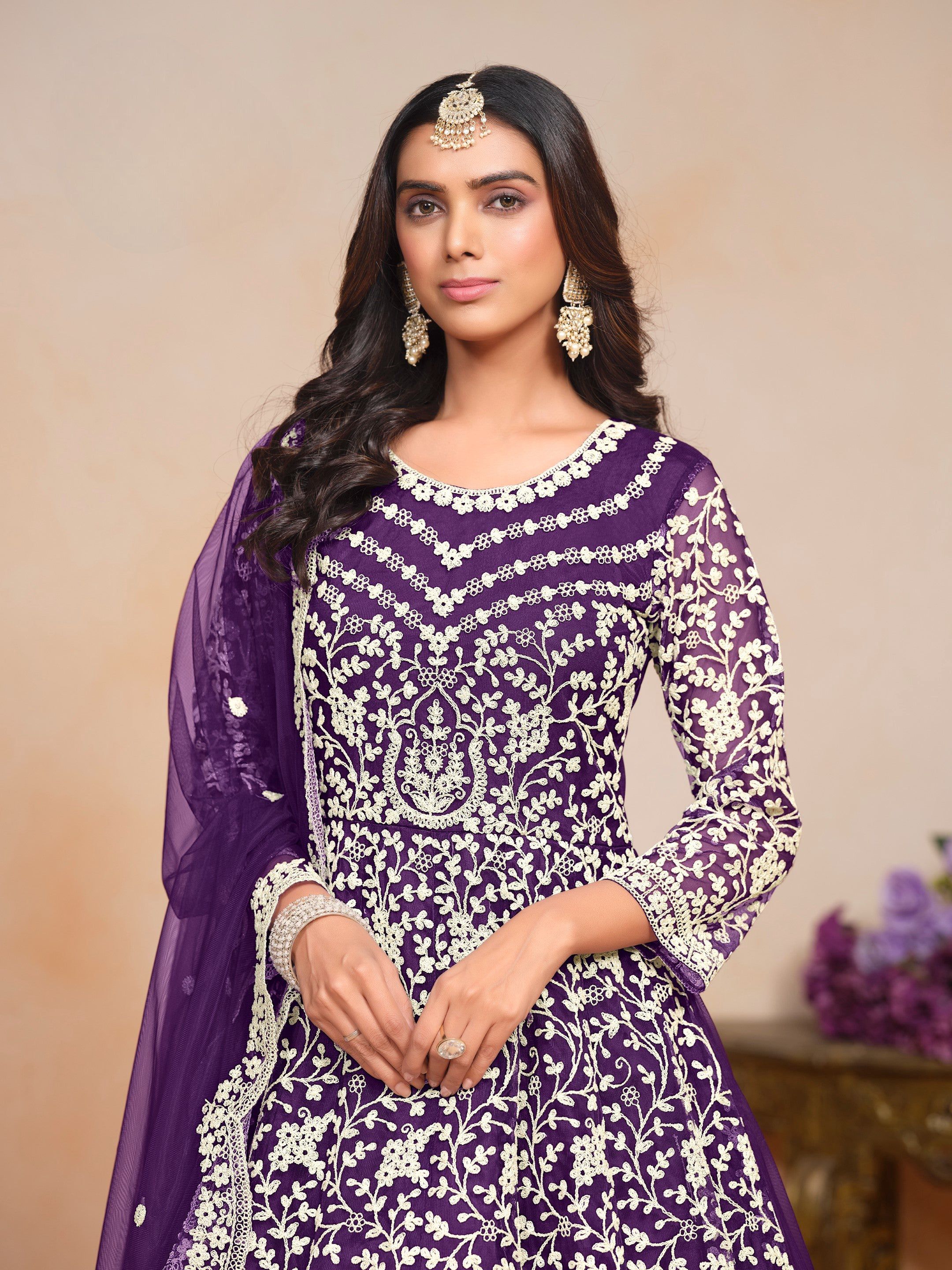 Anaita Purple Embroidered Net Anarkali Suit | Grocsy