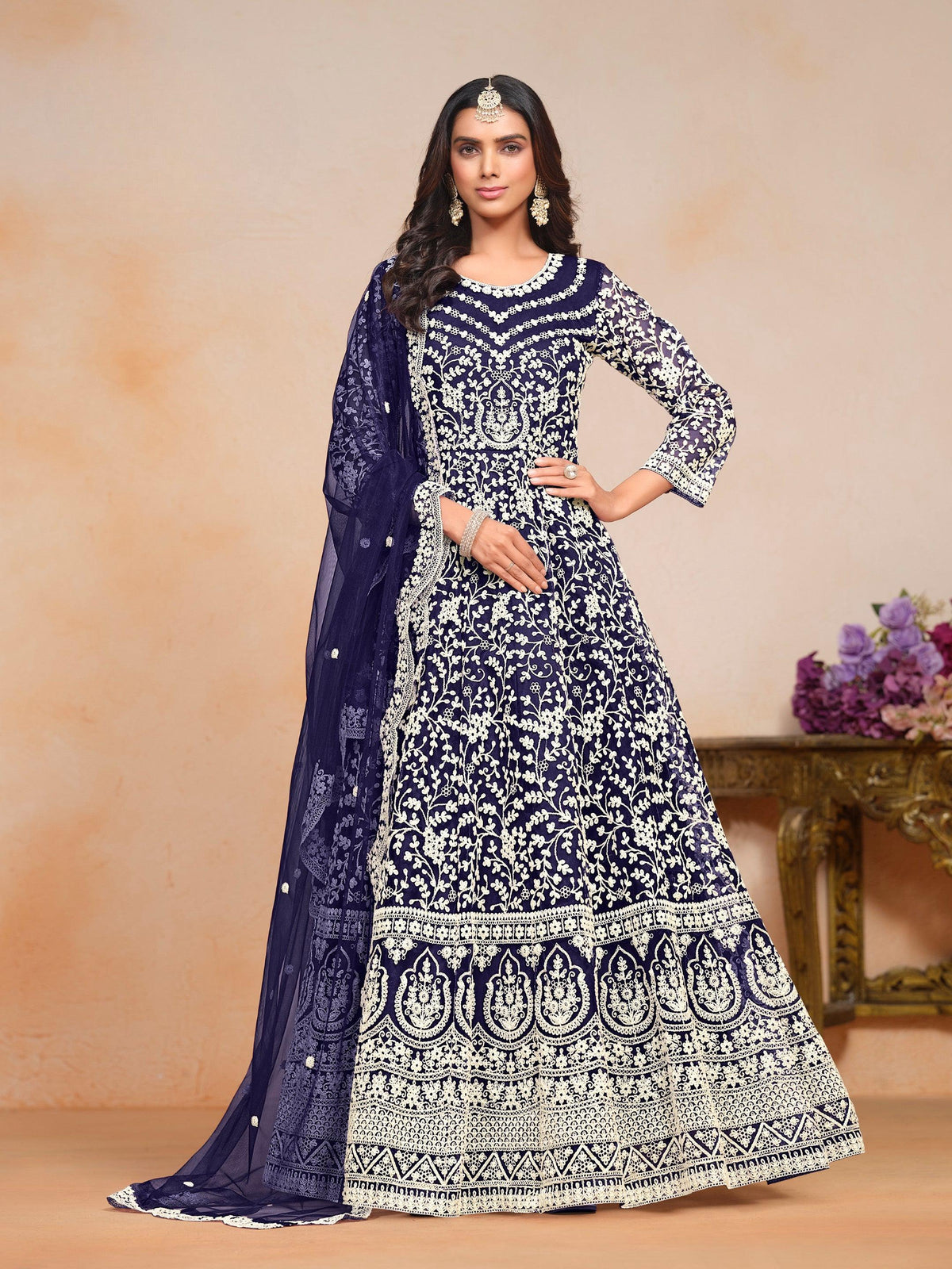 Anaita Navy_Blue Embroidered Net Anarkali Suit | Grocsy