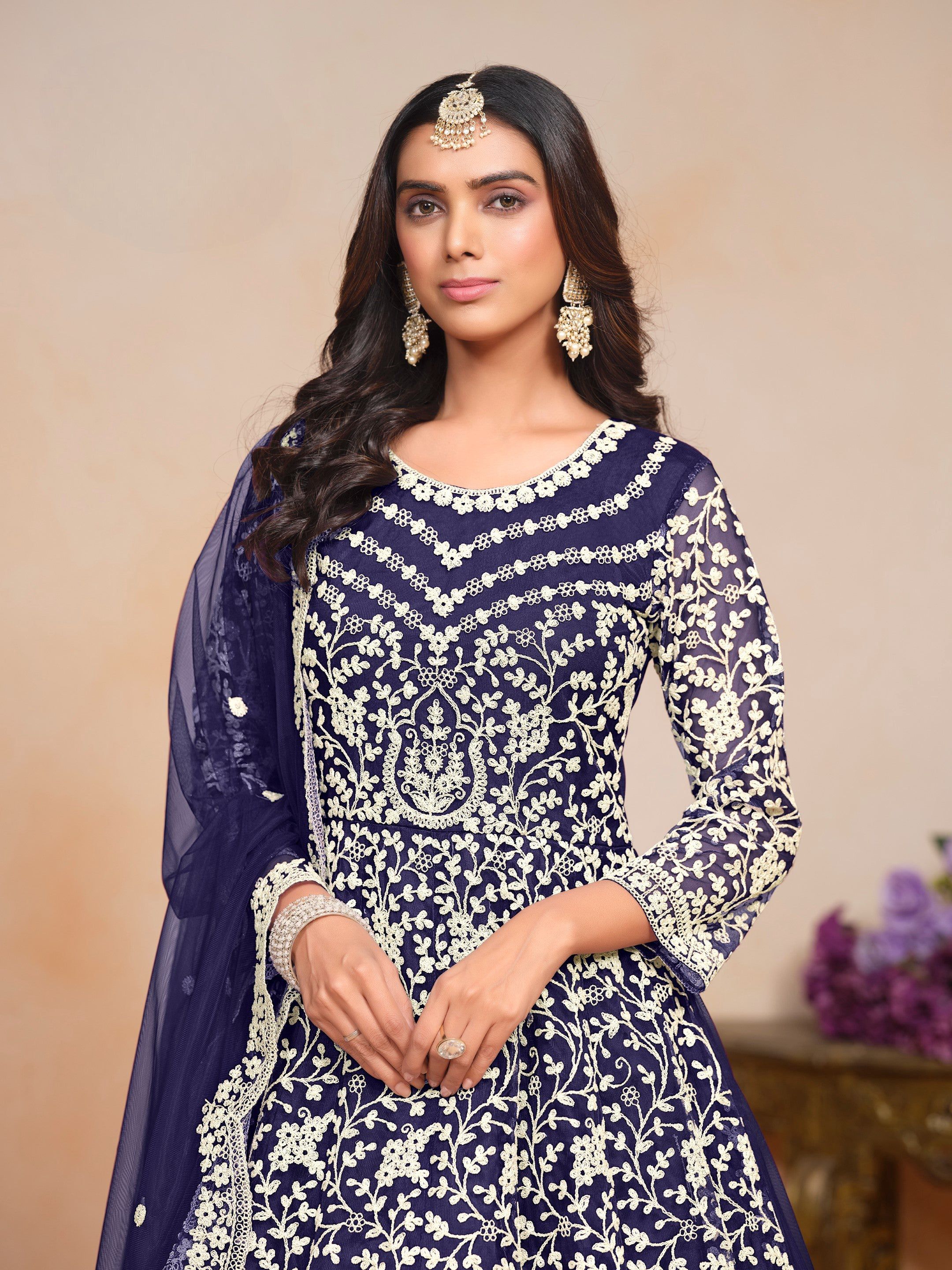 Anaita Navy_Blue Embroidered Net Anarkali Suit | Grocsy