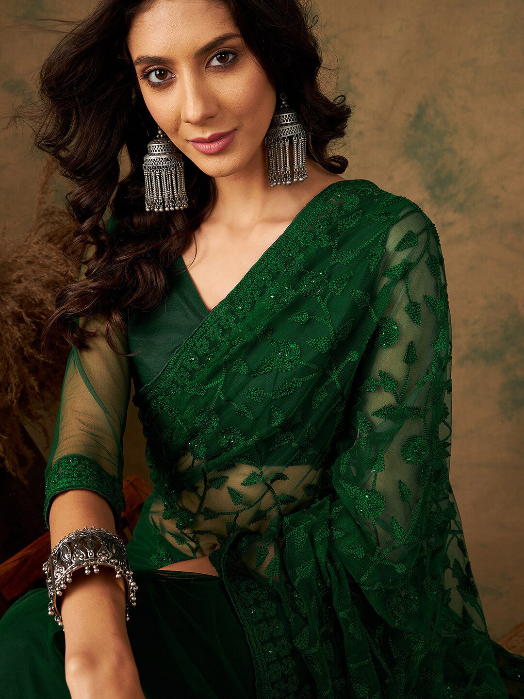 Sangria Floral Embroidered Net Sarees | Grocsy