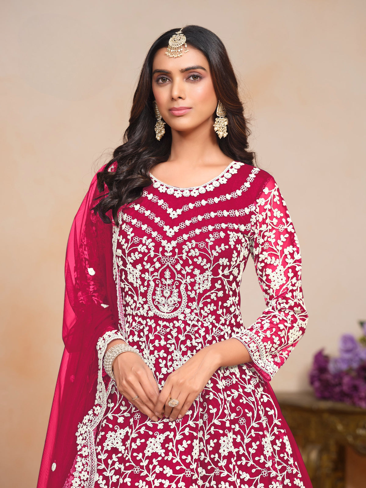 Anaita Magenta Embroidered Net Anarkali Suit | Grocsy