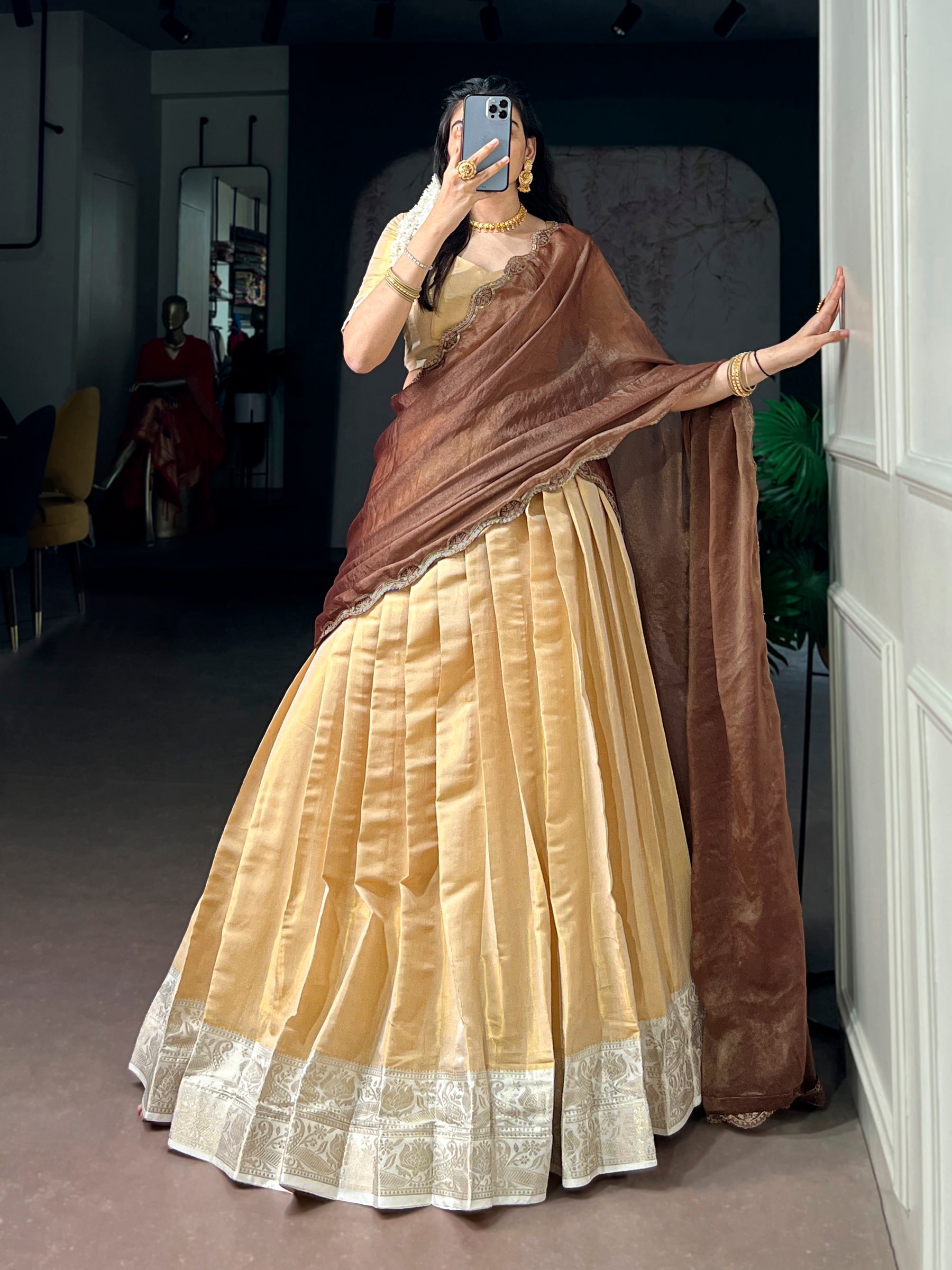Lorenvalley Fashion Cream Kanchipuram Zari Weaving Work Lehenga Choli with Dupatta | Grocsy