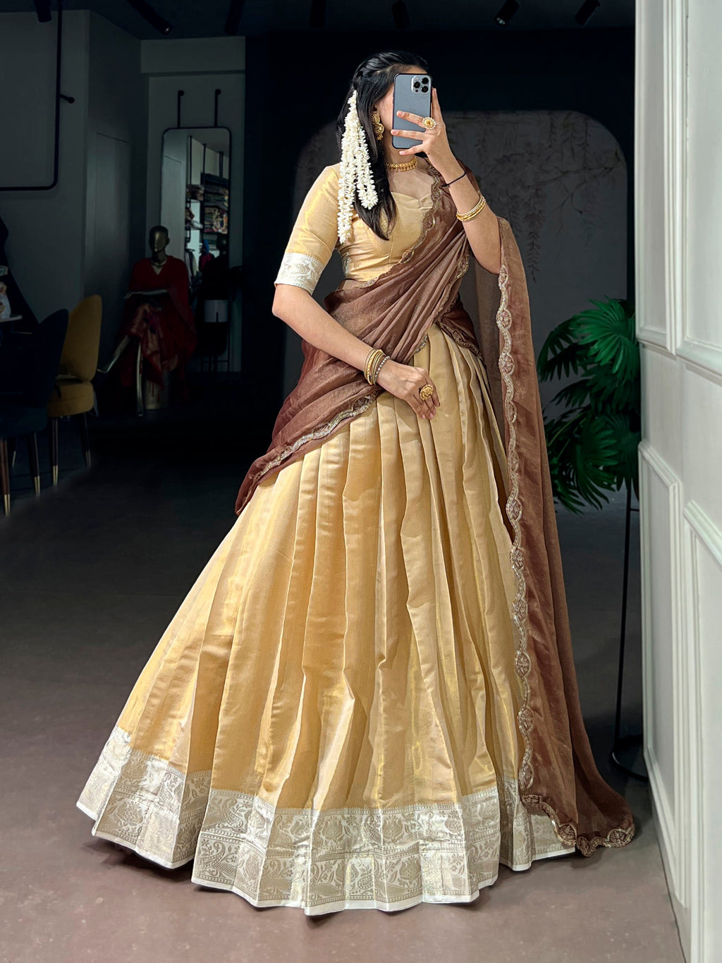 Lorenvalley Fashion Cream Kanchipuram Zari Weaving Work Lehenga Choli with Dupatta | Grocsy