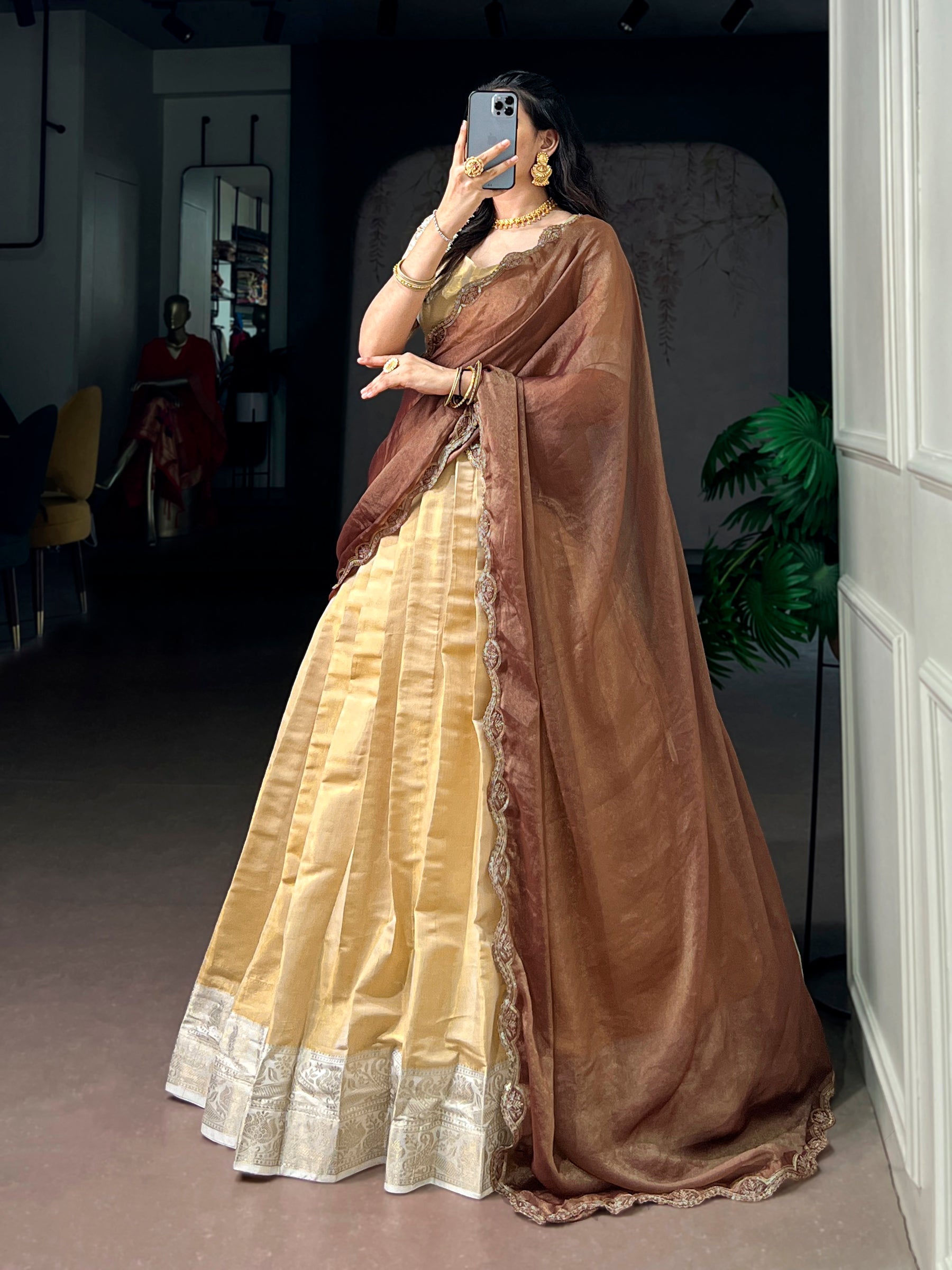 Lorenvalley Fashion Cream Kanchipuram Zari Weaving Work Lehenga Choli with Dupatta | Grocsy