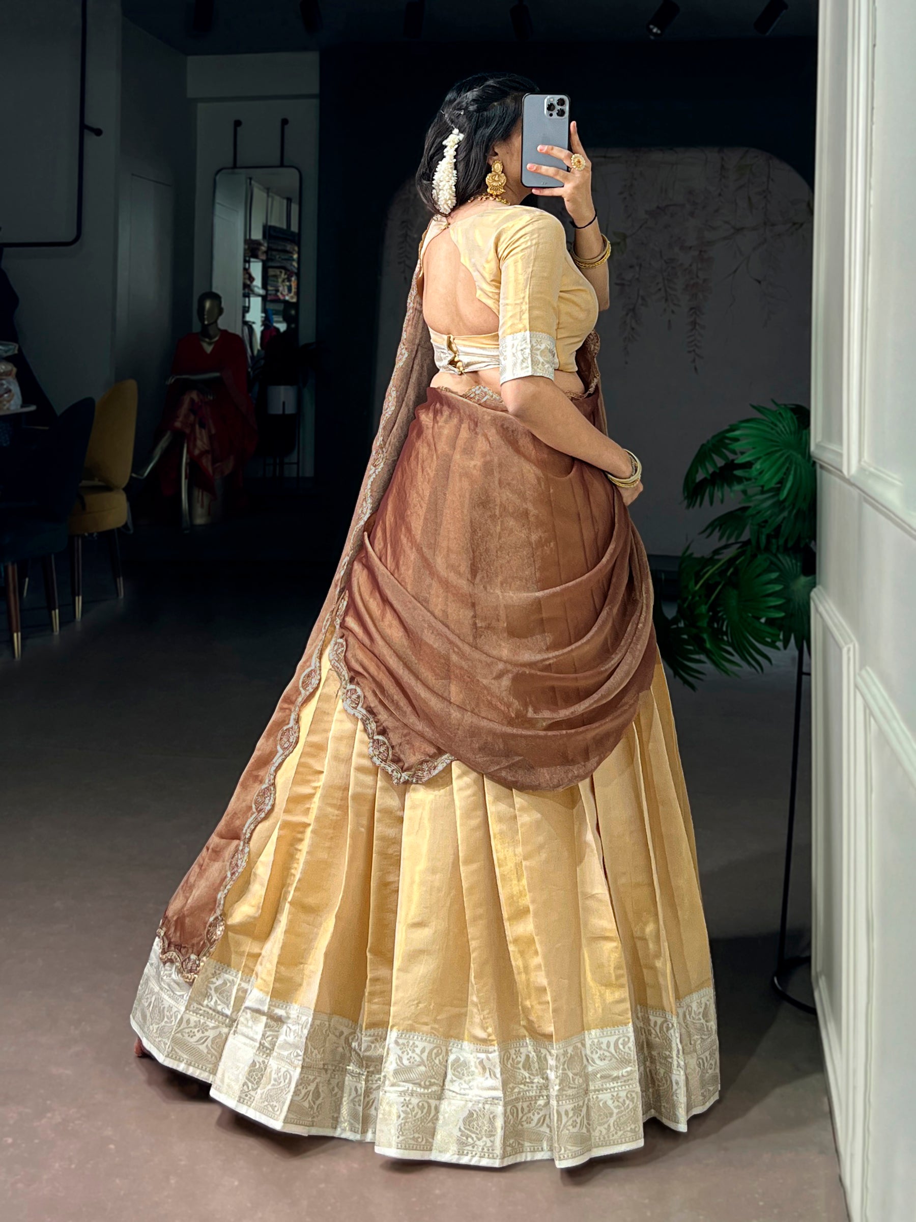 Lorenvalley Fashion Cream Kanchipuram Zari Weaving Work Lehenga Choli with Dupatta | Grocsy
