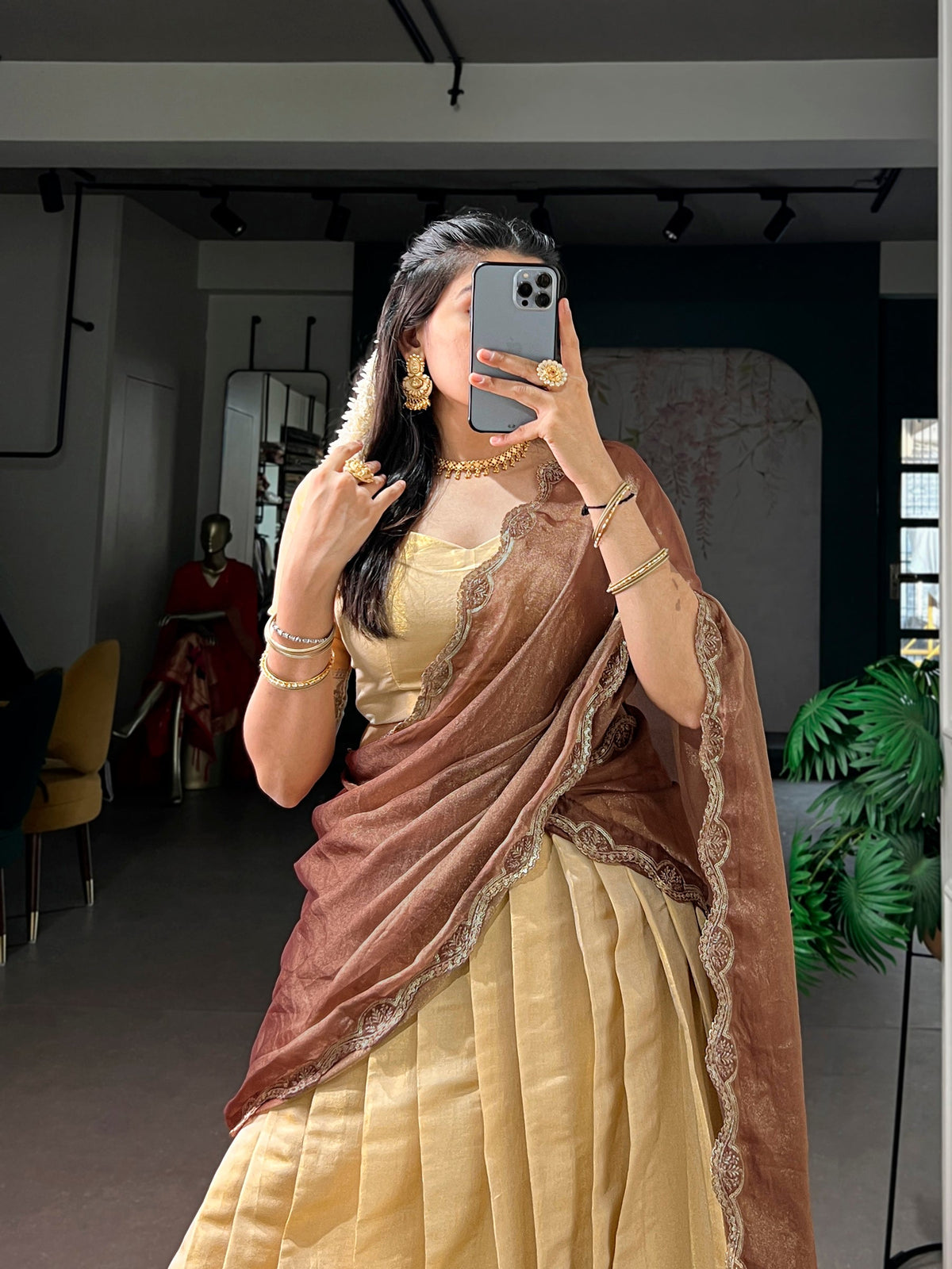 Lorenvalley Fashion Cream Kanchipuram Zari Weaving Work Lehenga Choli with Dupatta | Grocsy