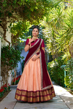 Lorenvalley Peach Zari Chex with Zari Weaving Work Lehenga Choli with Dupatta | Grocsy