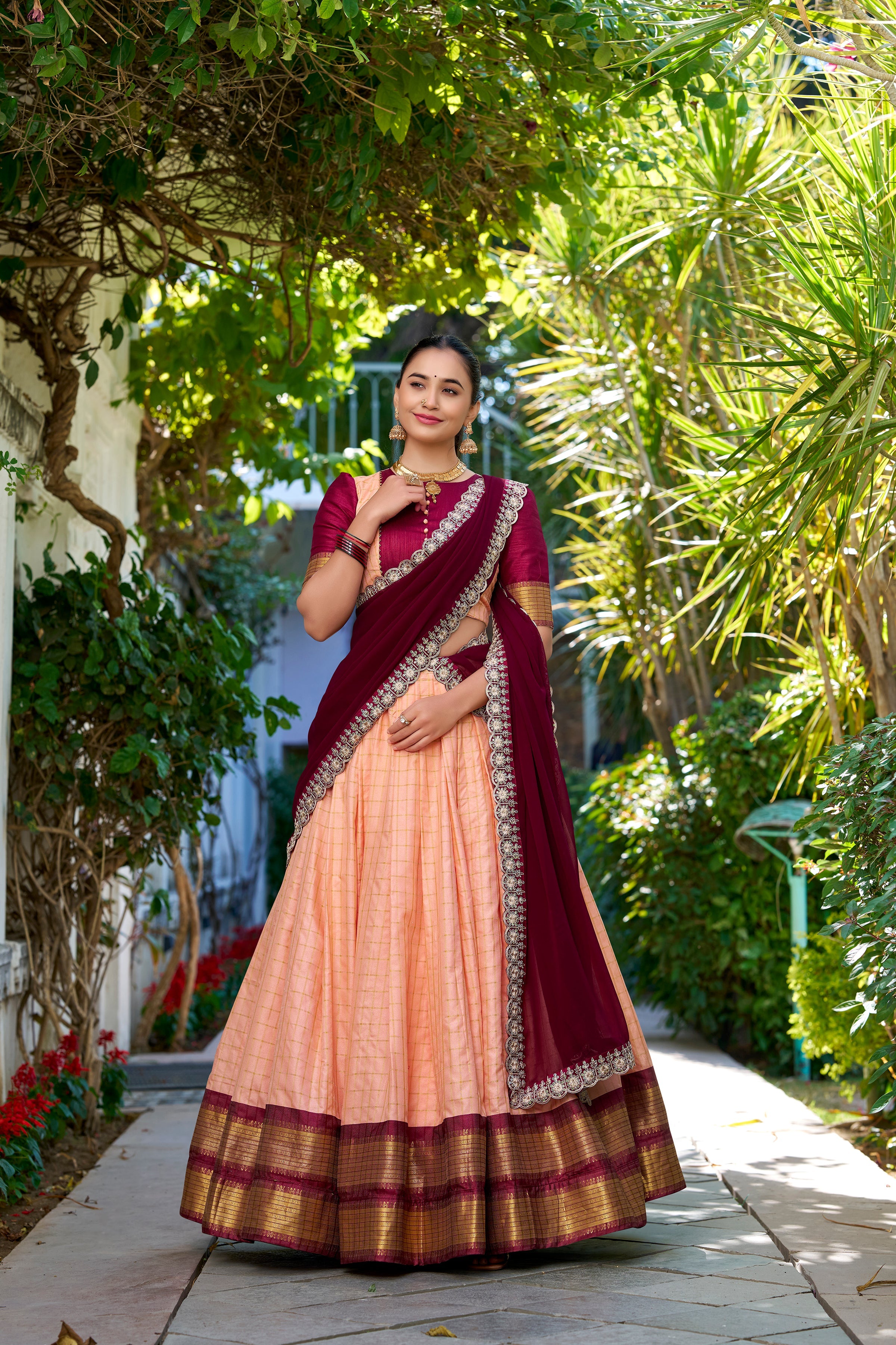 Lorenvalley Peach Zari Chex with Zari Weaving Work Lehenga Choli with Dupatta | Grocsy