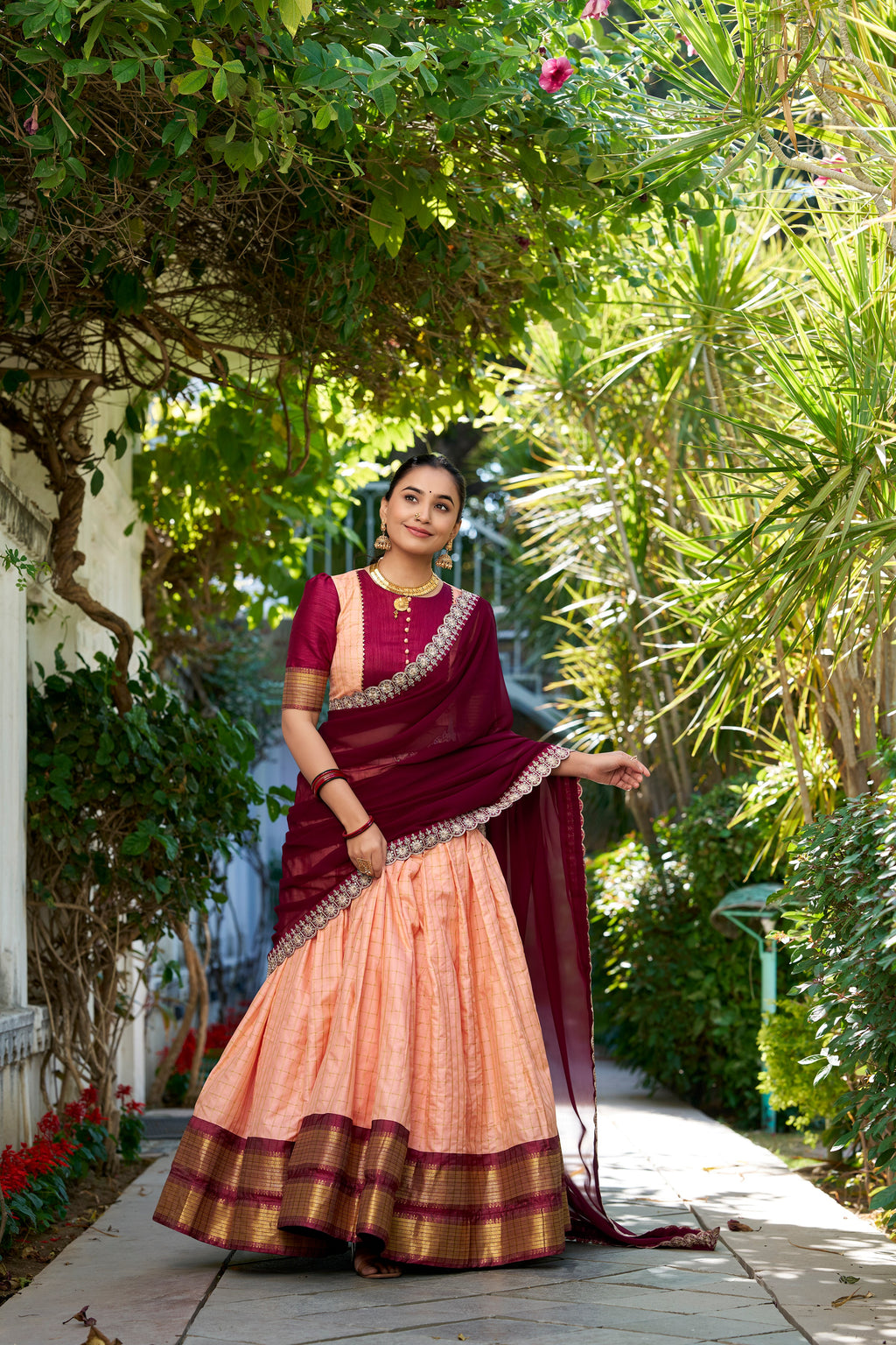 Lorenvalley Peach Zari Chex with Zari Weaving Work Lehenga Choli with Dupatta | Grocsy