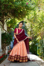 Lorenvalley Peach Zari Chex with Zari Weaving Work Lehenga Choli with Dupatta | Grocsy