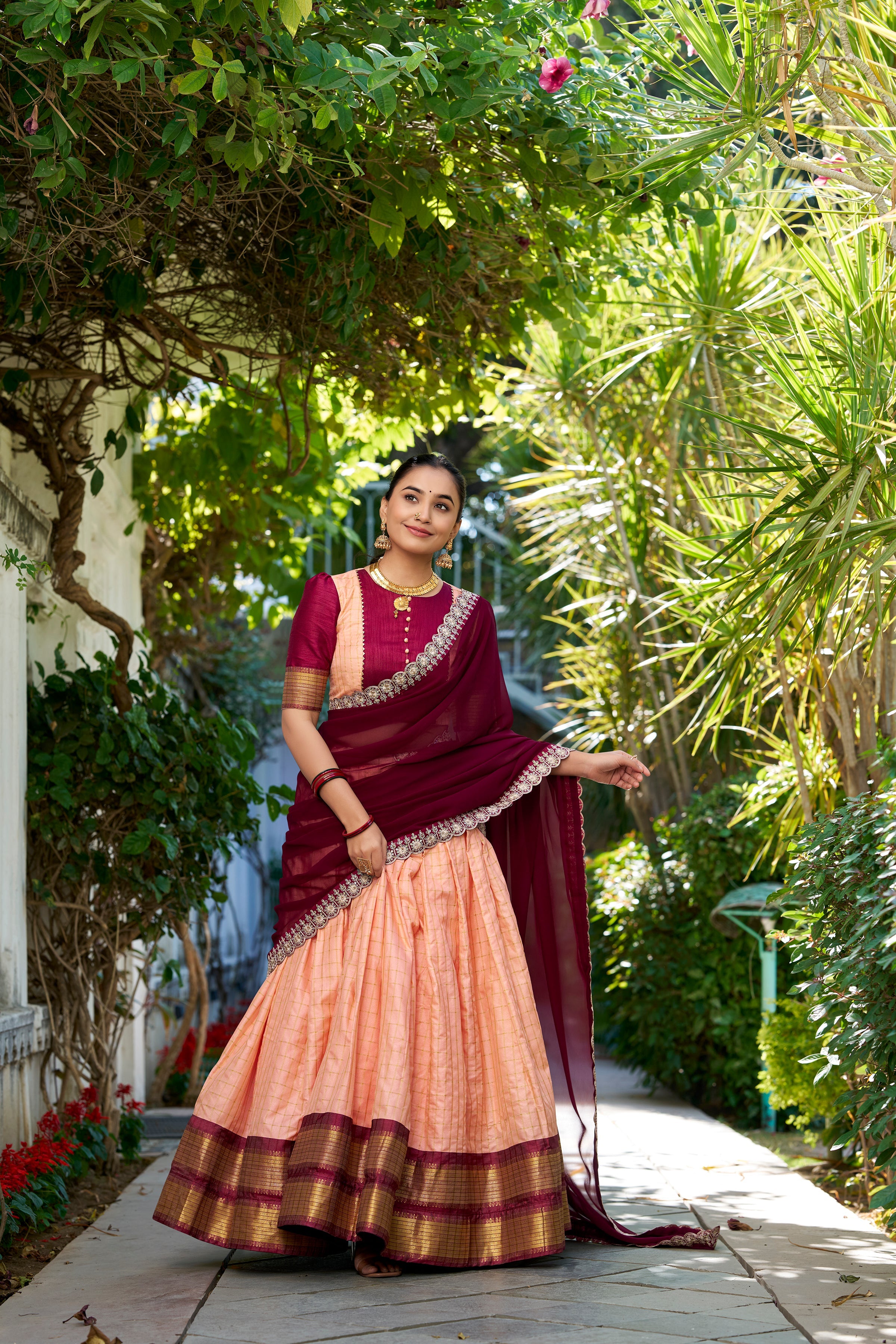 Lorenvalley Peach Zari Chex with Zari Weaving Work Lehenga Choli with Dupatta | Grocsy