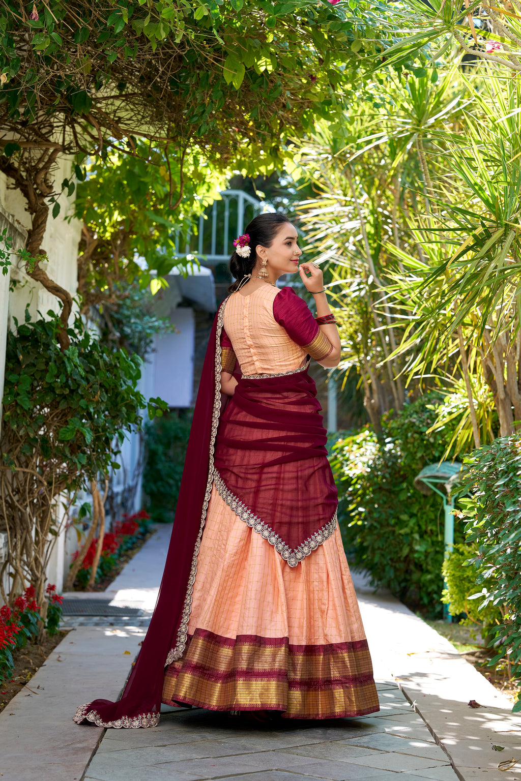 Lorenvalley Peach Zari Chex with Zari Weaving Work Lehenga Choli with Dupatta | Grocsy