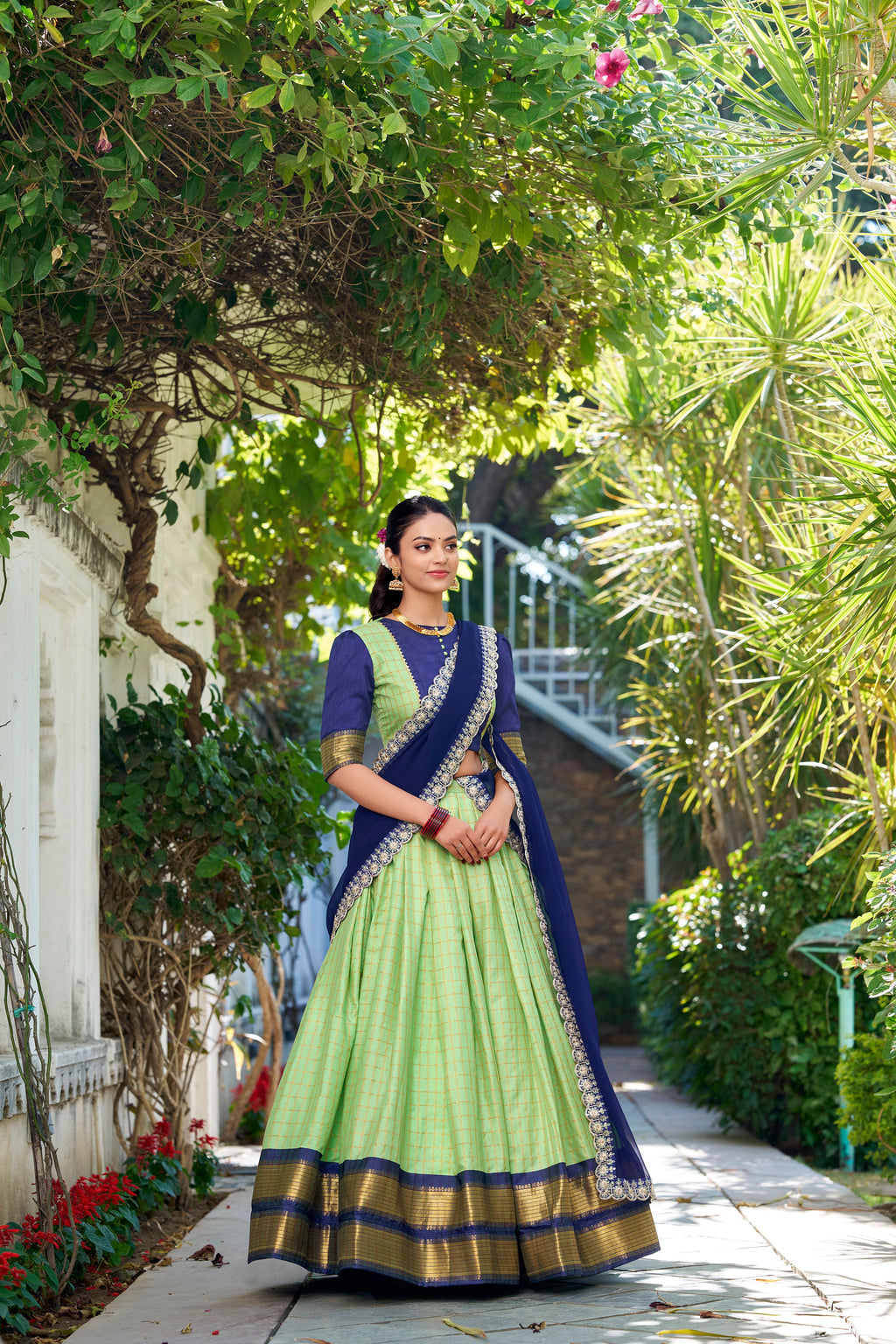 Lorenvalley Pista Zari Chex with Zari Weaving Work Lehenga Choli with Dupatta | Grocsy