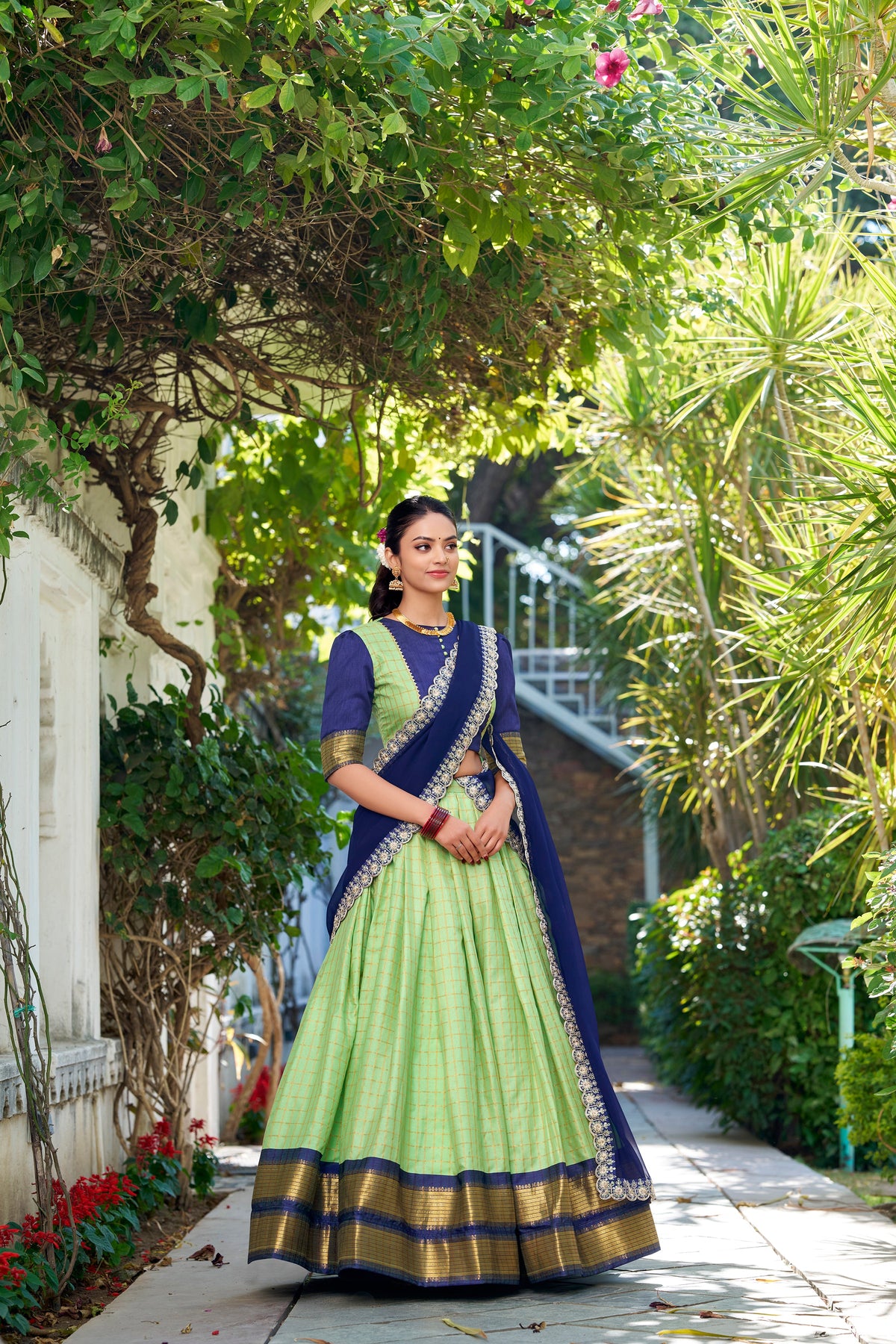 Lorenvalley Pista Zari Chex with Zari Weaving Work Lehenga Choli with Dupatta | Grocsy