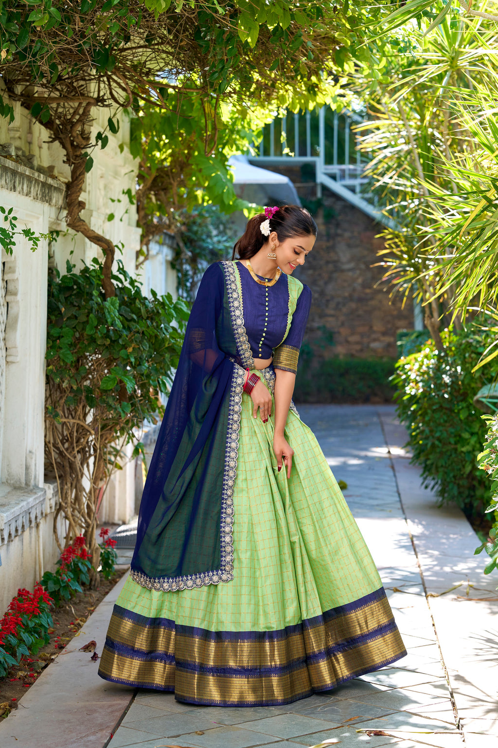 Lorenvalley Pista Zari Chex with Zari Weaving Work Lehenga Choli with Dupatta | Grocsy