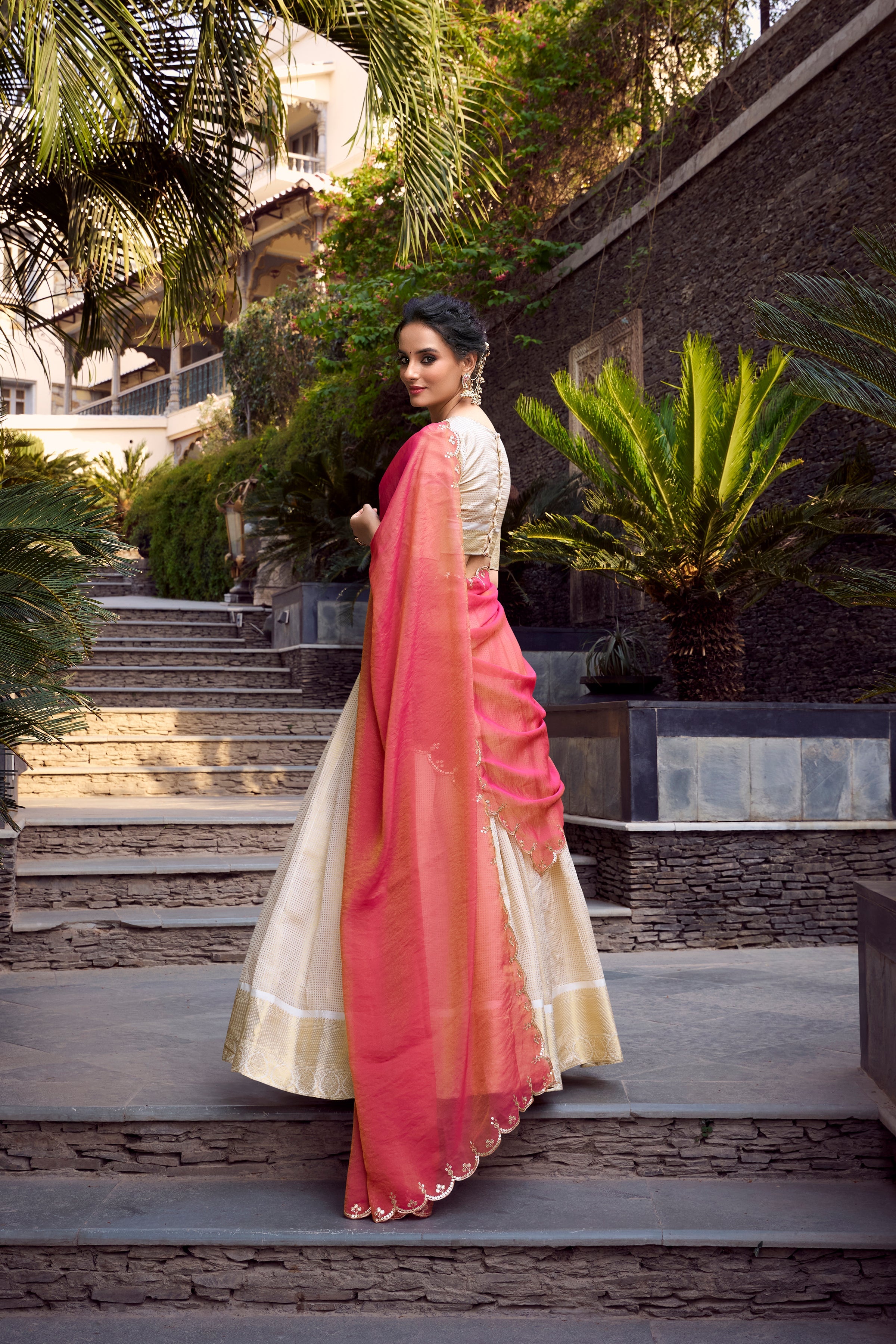 Lorenvalley Offwhite Jacquard Chex Zari Weaving Work Lehenga Choli with Dupatta | Grocsy