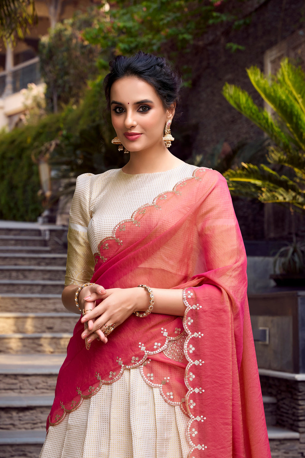Lorenvalley Offwhite Jacquard Chex Zari Weaving Work Lehenga Choli with Dupatta | Grocsy