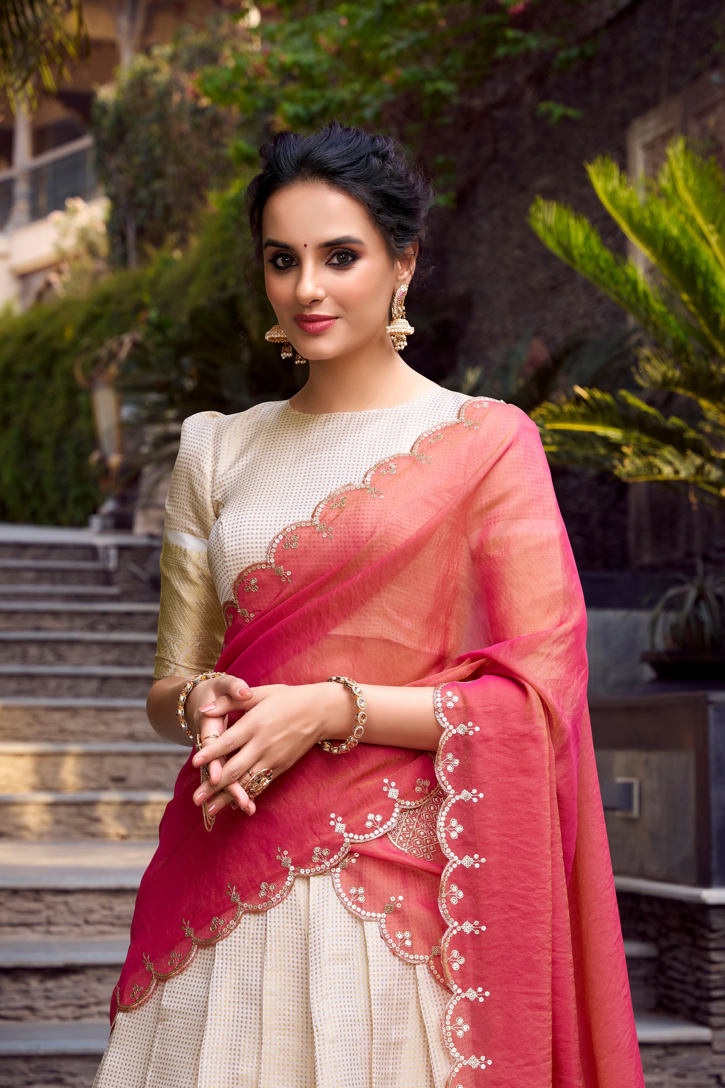 Lorenvalley Offwhite Jacquard Chex Zari Weaving Work Lehenga Choli with Dupatta | Grocsy