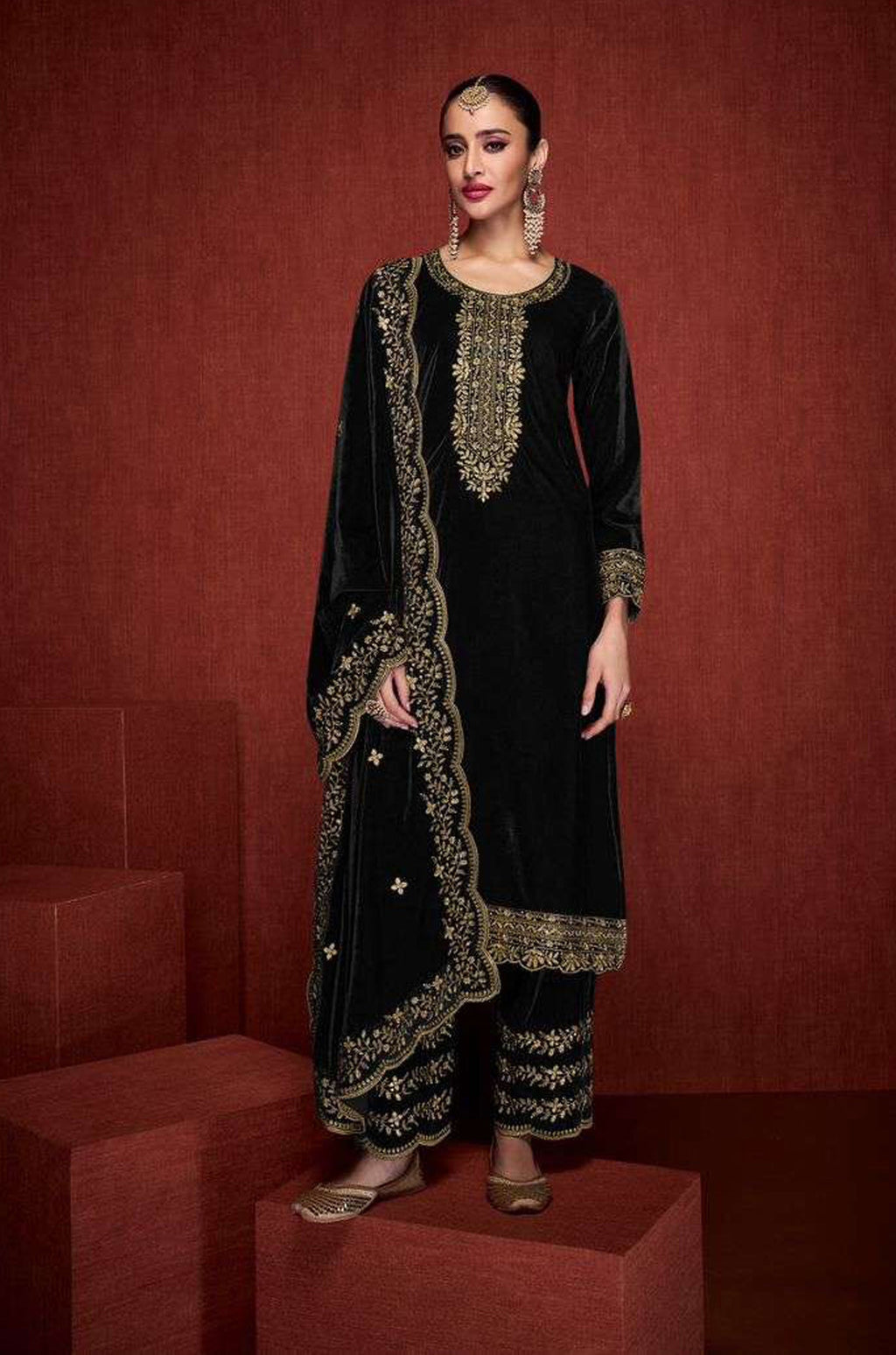 Lorenvalley Fashion Women Black Velvet Embroidered Salwar Suit Material | Grocsy