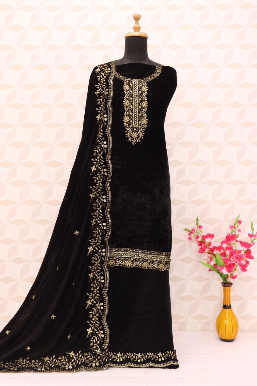 Lorenvalley Fashion Women Black Velvet Embroidered Salwar Suit Material | Grocsy