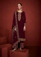 Lorenvalley Fashion Women Maroon Velvet Embroidered Salwar Suit Material | Grocsy