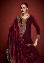 Lorenvalley Fashion Women Maroon Velvet Embroidered Salwar Suit Material | Grocsy