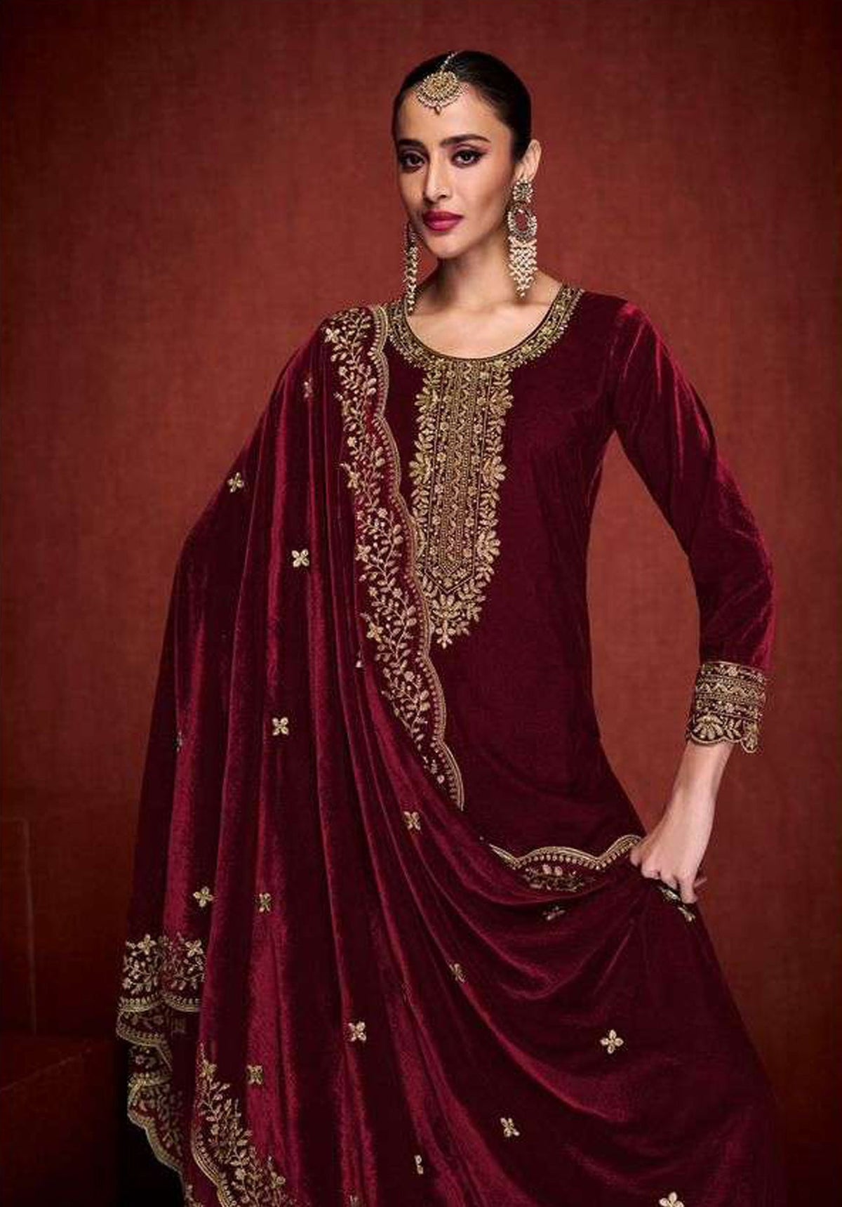 Lorenvalley Fashion Women Maroon Velvet Embroidered Salwar Suit Material | Grocsy