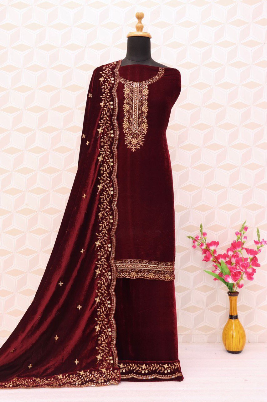 Lorenvalley Fashion Women Maroon Velvet Embroidered Salwar Suit Material | Grocsy