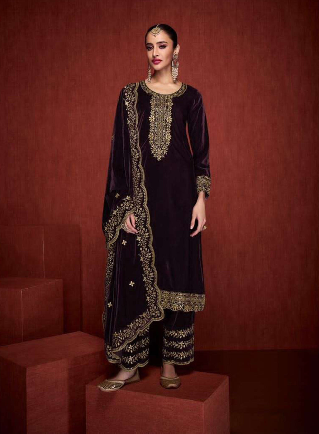 Lorenvalley Fashion Women Purple Velvet Embroidered Salwar Suit Material | Grocsy