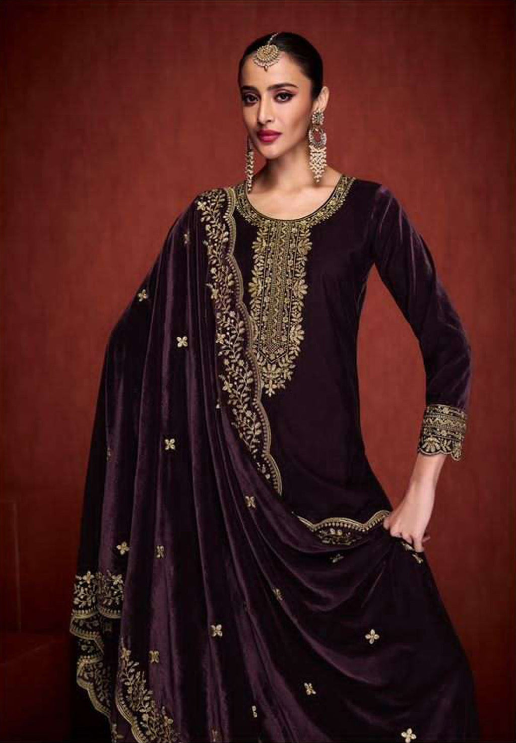 Lorenvalley Fashion Women Purple Velvet Embroidered Salwar Suit Material | Grocsy