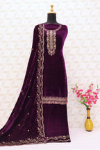 Lorenvalley Fashion Women Purple Velvet Embroidered Salwar Suit Material | Grocsy