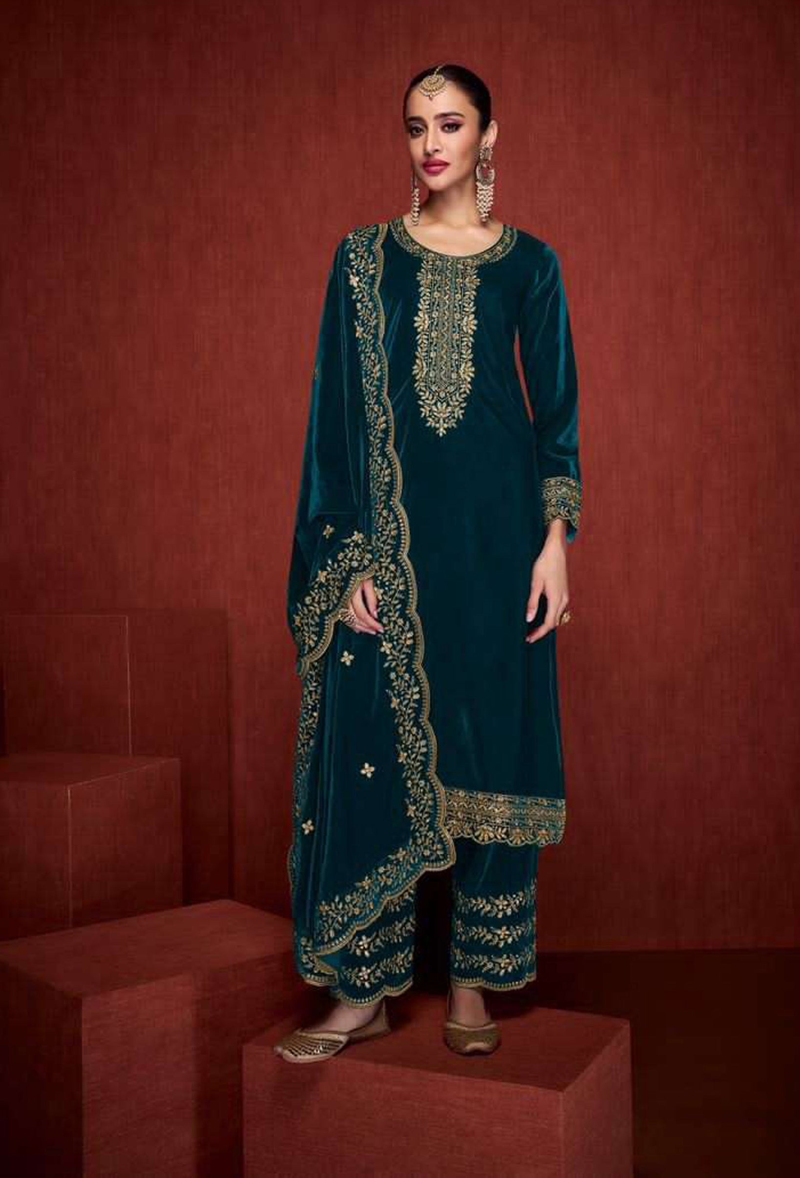 Lorenvalley Fashion Women Rama Velvet Embroidered Salwar Suit Material | Grocsy