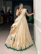 Lorenvalley Fashion Cream Shimmer Paithani Zari Weaving Work Lehenga Choli with Dupatta | Grocsy