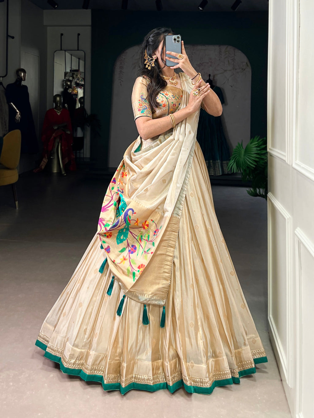 Lorenvalley Fashion Cream Shimmer Paithani Zari Weaving Work Lehenga Choli with Dupatta | Grocsy