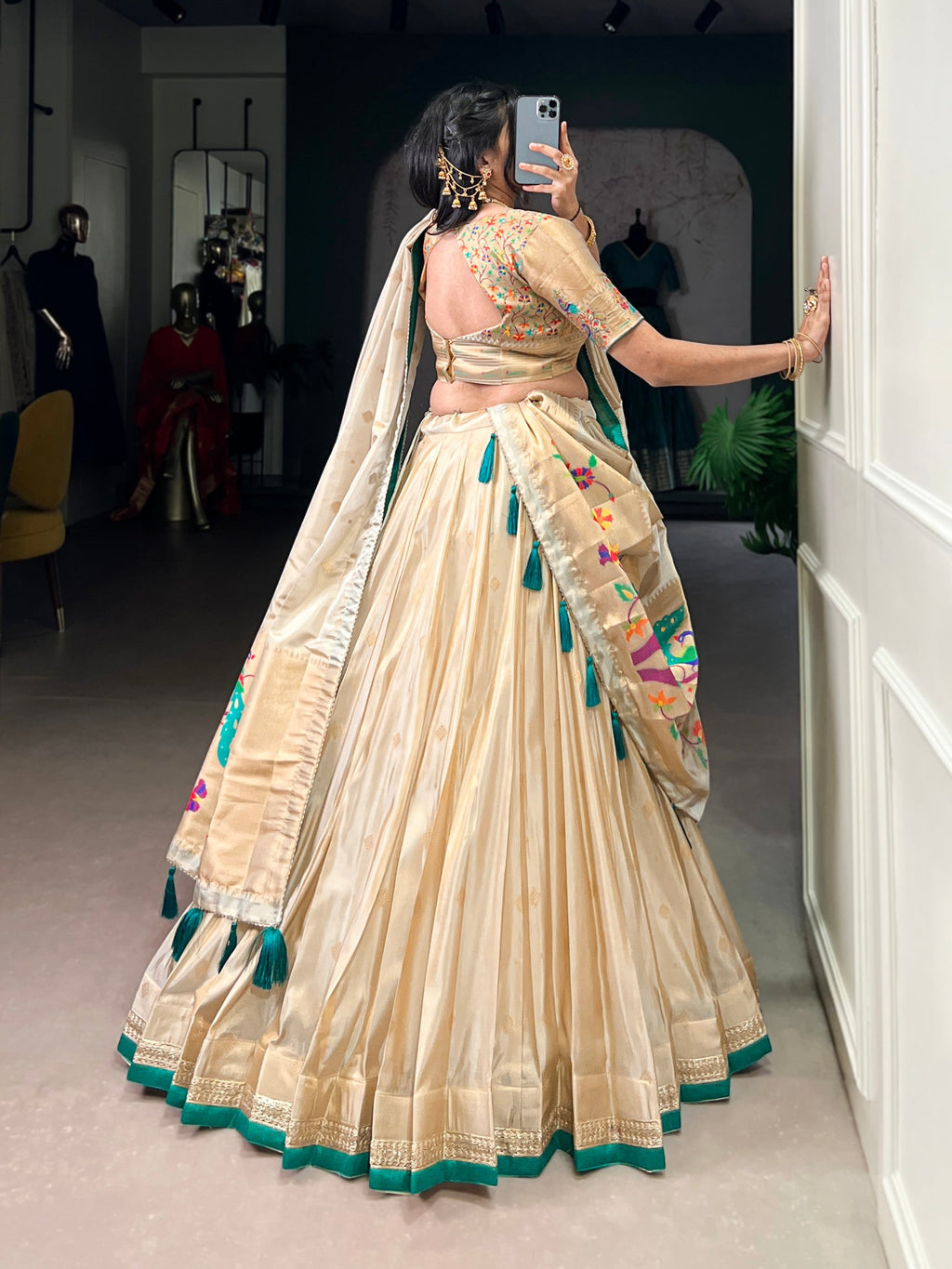 Lorenvalley Fashion Cream Shimmer Paithani Zari Weaving Work Lehenga Choli with Dupatta | Grocsy