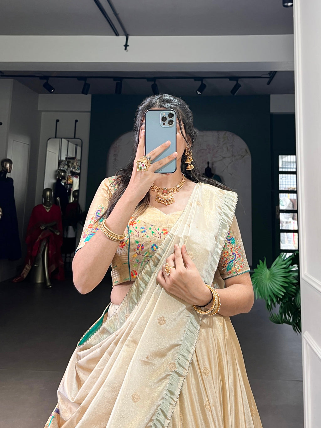 Lorenvalley Fashion Cream Shimmer Paithani Zari Weaving Work Lehenga Choli with Dupatta | Grocsy