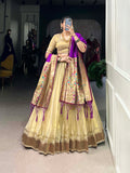 Lorenvalley Cream Erode Plain With Paithani Lace Border Lehenga Choli with Dupatta | Grocsy