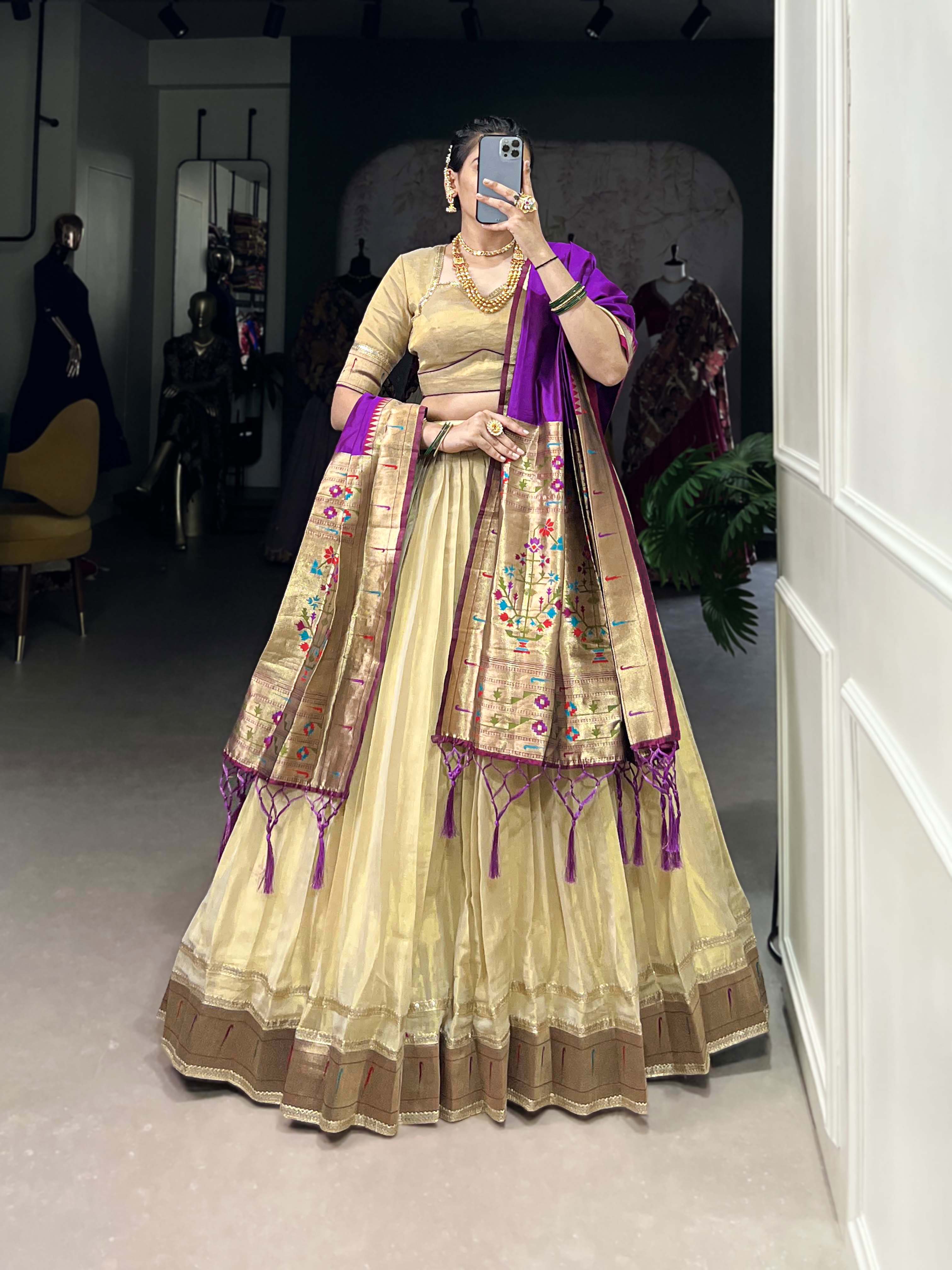 Lorenvalley Cream Erode Plain With Paithani Lace Border Lehenga Choli with Dupatta | Grocsy