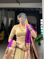Lorenvalley Cream Erode Plain With Paithani Lace Border Lehenga Choli with Dupatta | Grocsy