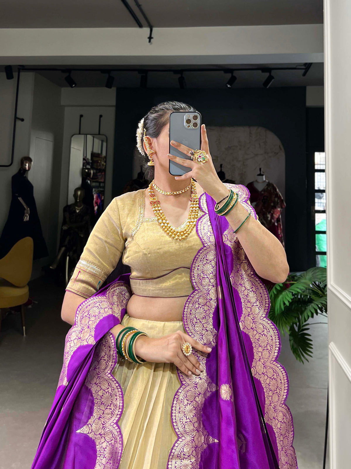 Lorenvalley Cream Erode Plain With Paithani Lace Border Lehenga Choli with Dupatta | Grocsy