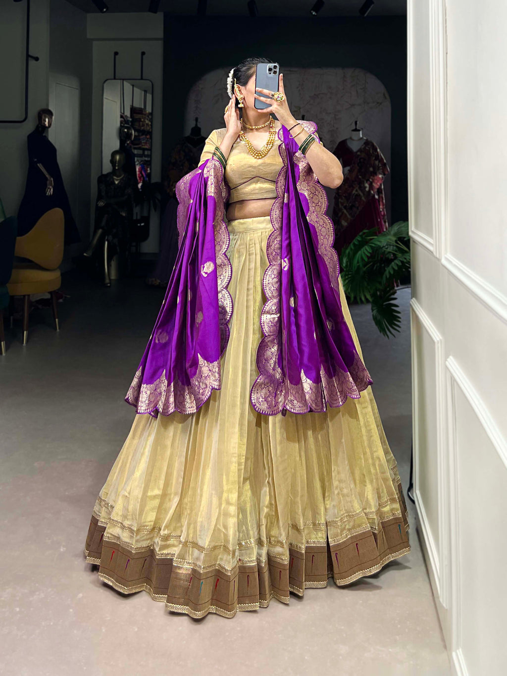Lorenvalley Cream Erode Plain With Paithani Lace Border Lehenga Choli with Dupatta | Grocsy