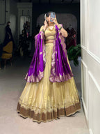 Lorenvalley Cream Erode Plain With Paithani Lace Border Lehenga Choli with Dupatta | Grocsy