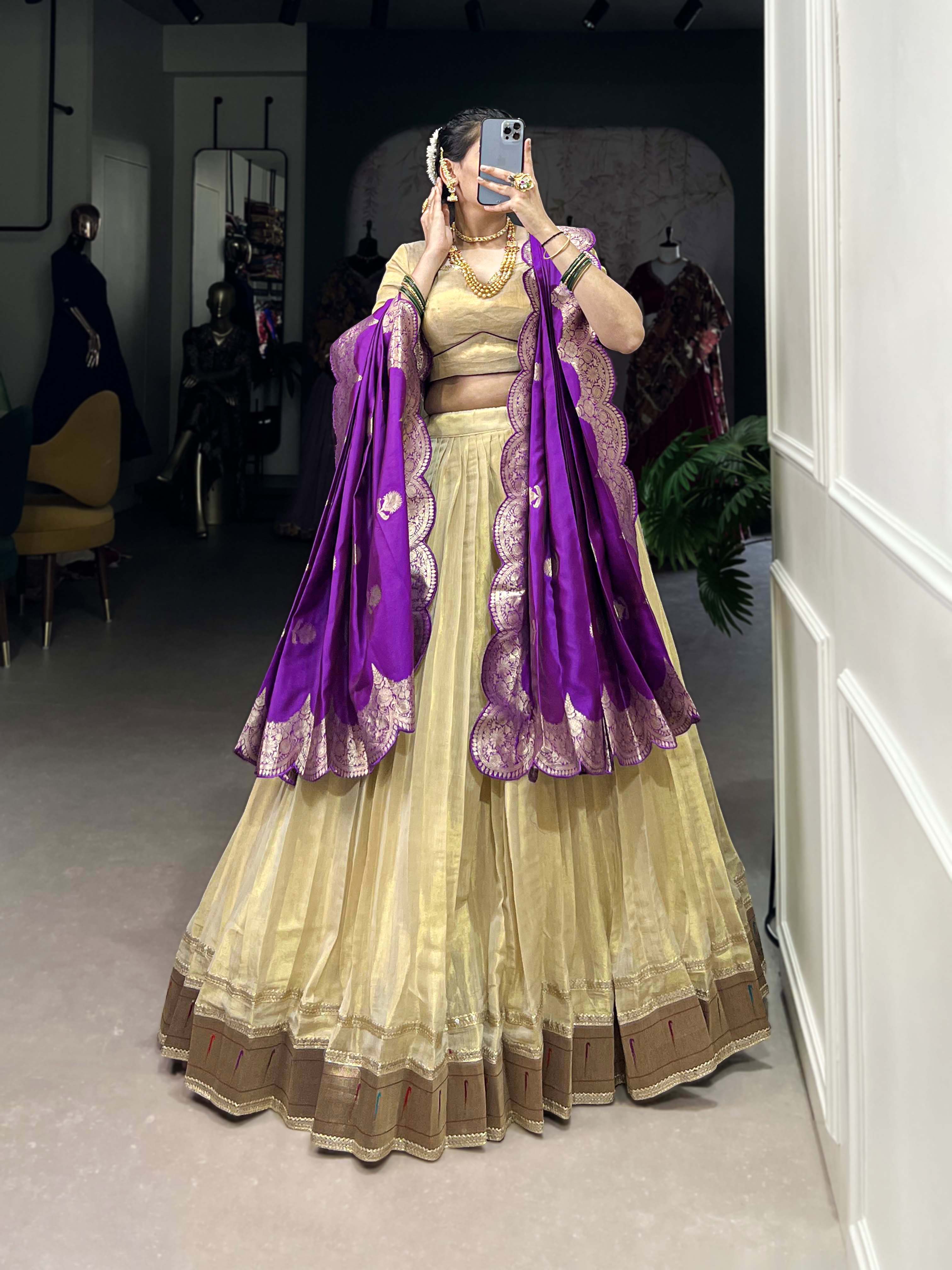 Lorenvalley Cream Erode Plain With Paithani Lace Border Lehenga Choli with Dupatta | Grocsy