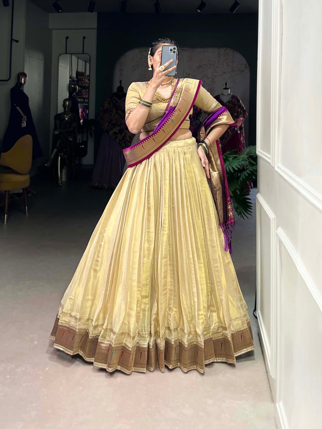 Lorenvalley Cream Erode Plain With Paithani Lace Border Lehenga Choli with Dupatta | Grocsy