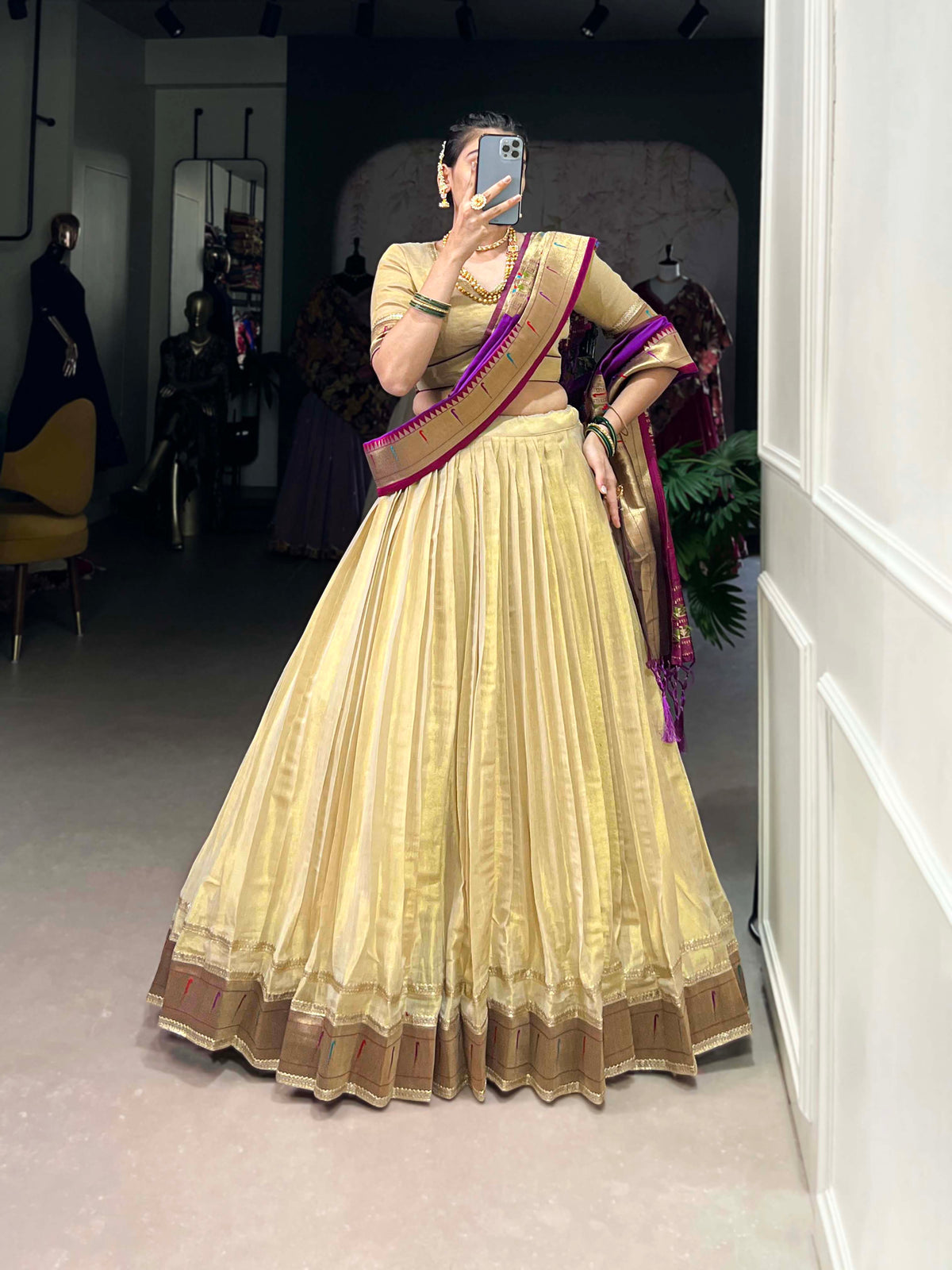 Lorenvalley Cream Erode Plain With Paithani Lace Border Lehenga Choli with Dupatta | Grocsy