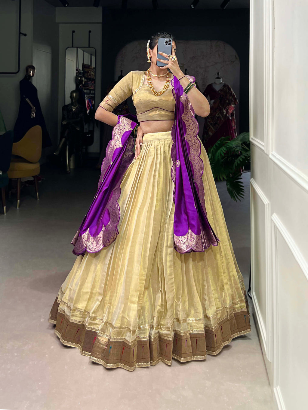 Lorenvalley Cream Erode Plain With Paithani Lace Border Lehenga Choli with Dupatta | Grocsy