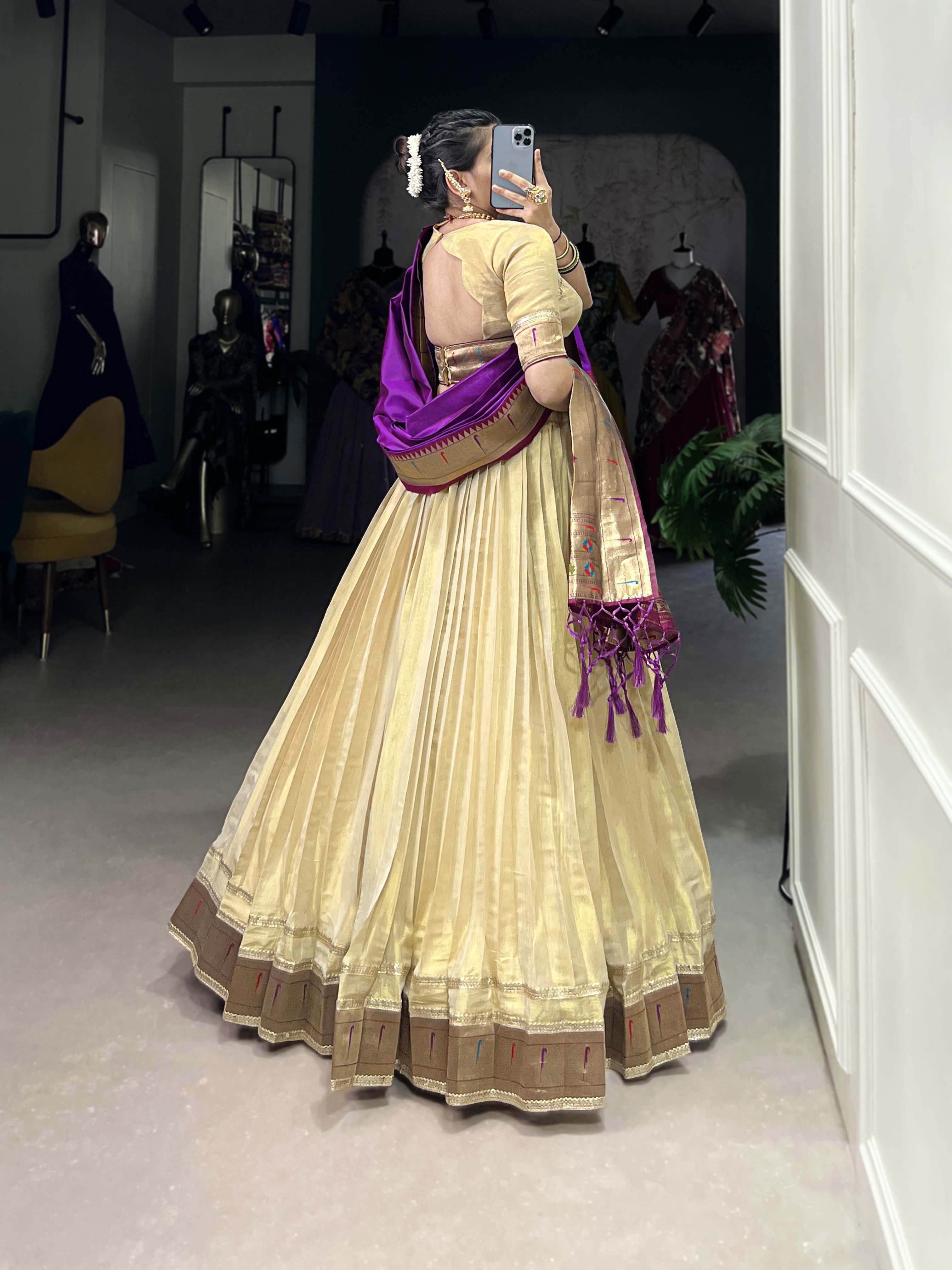 Lorenvalley Cream Erode Plain With Paithani Lace Border Lehenga Choli with Dupatta | Grocsy
