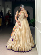 Lorenvalley Fashion Cream Shimmer Paithani Zari Weaving Work Lehenga Choli with Dupatta | Grocsy